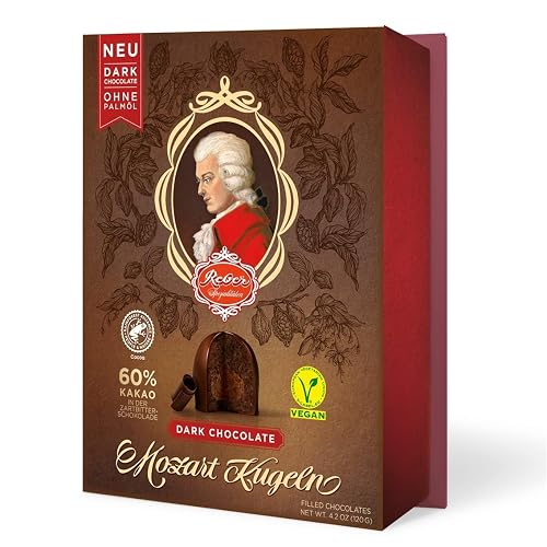 REBER Mozart Kugel Vegan Dark Chocolate - 60% Cocoa, Marzipan & Hazelnut Nougat Filled Gourmet Chocolates, Palm Oil Free German Confectionery Gift Box | 6 Pieces Portrait Box