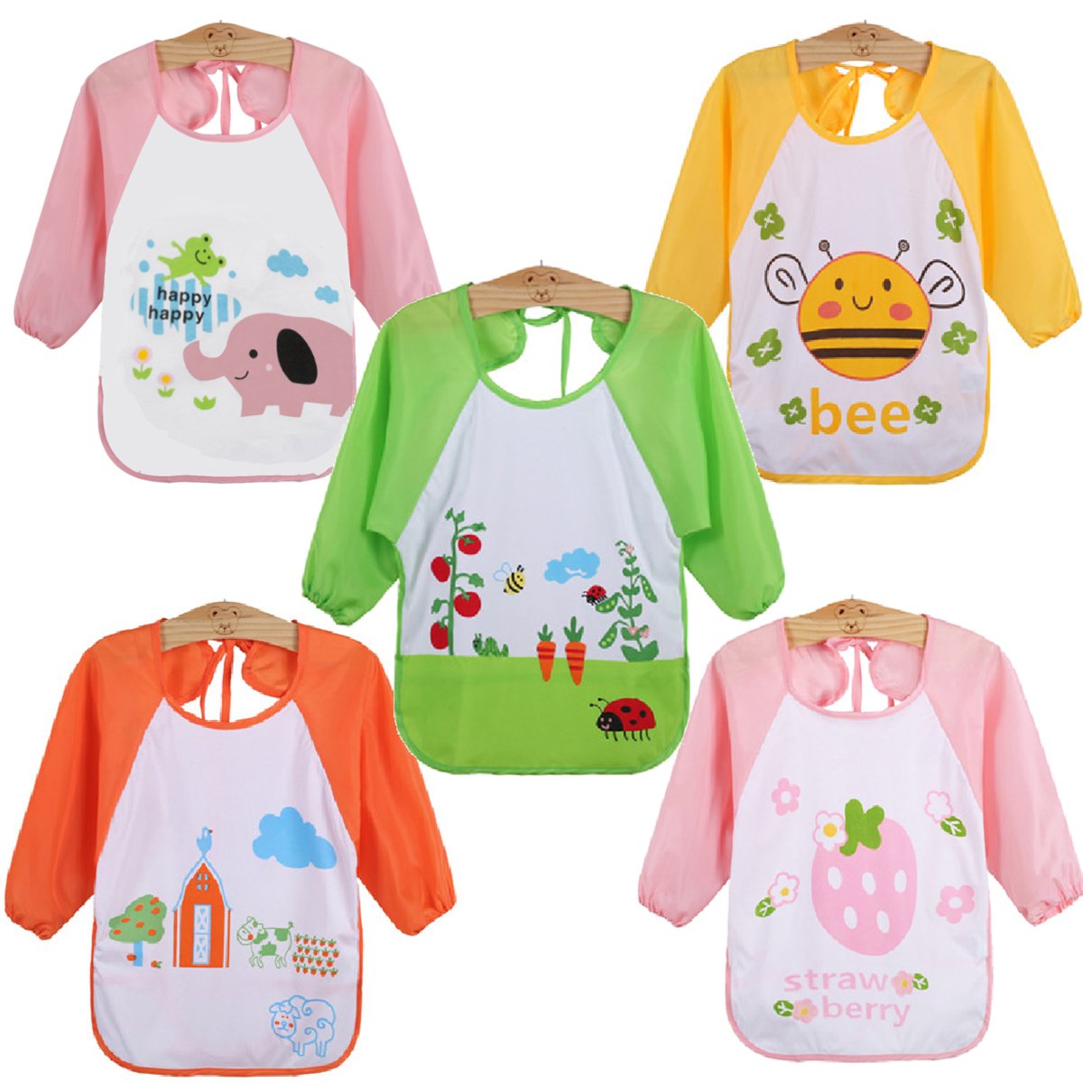 QinGuang 5 pcs Baby Waterproof Long Sleeved Bibs Catcher Pocket Smock Painting Playing Apron (Pink), 9-36 Months