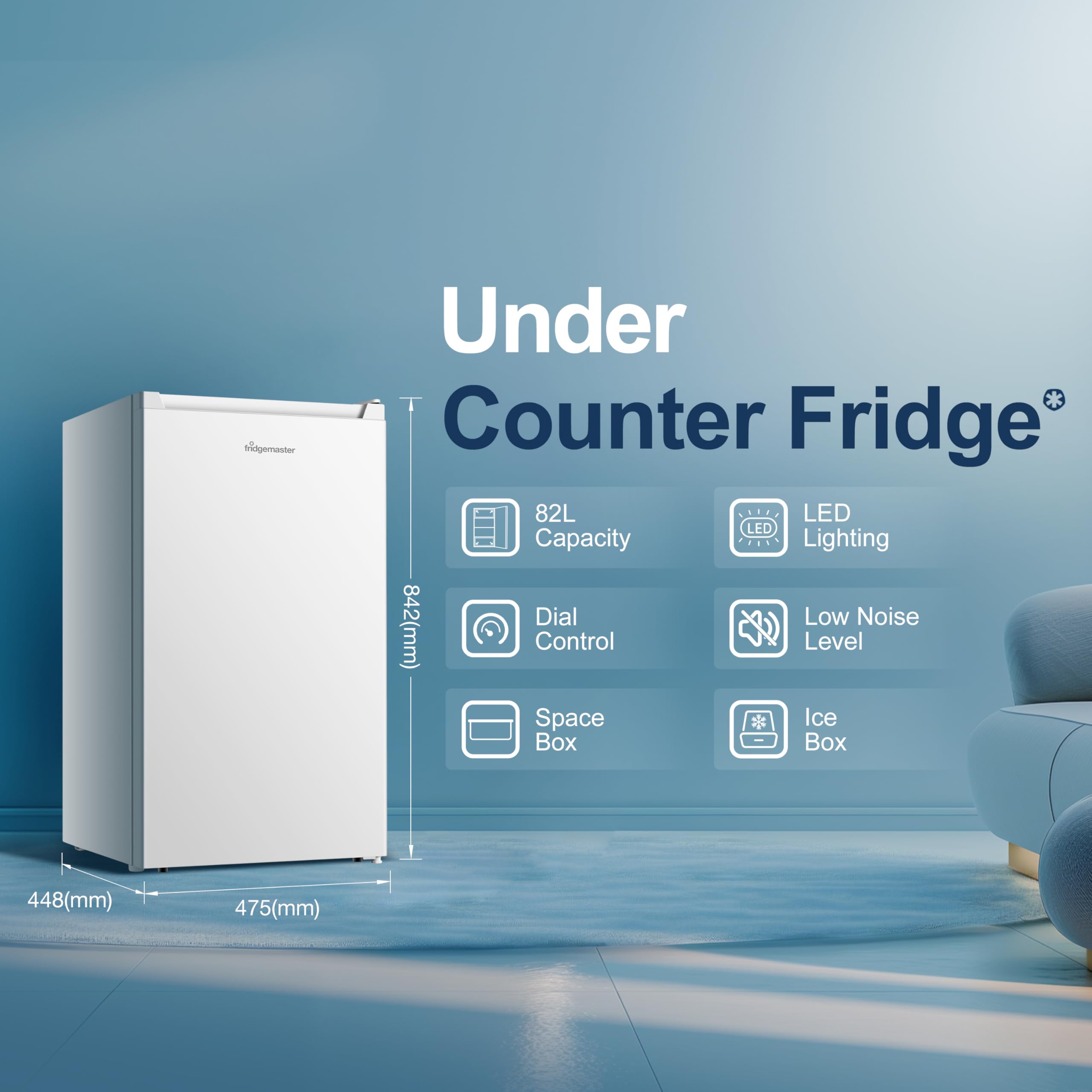 Fridgemaster MUR4894E 82L Under Counter Fridge with LED Lighting, Adjustable Temperature Control, Reversible Door and 3 star Ice Box, White, E rated — view 2