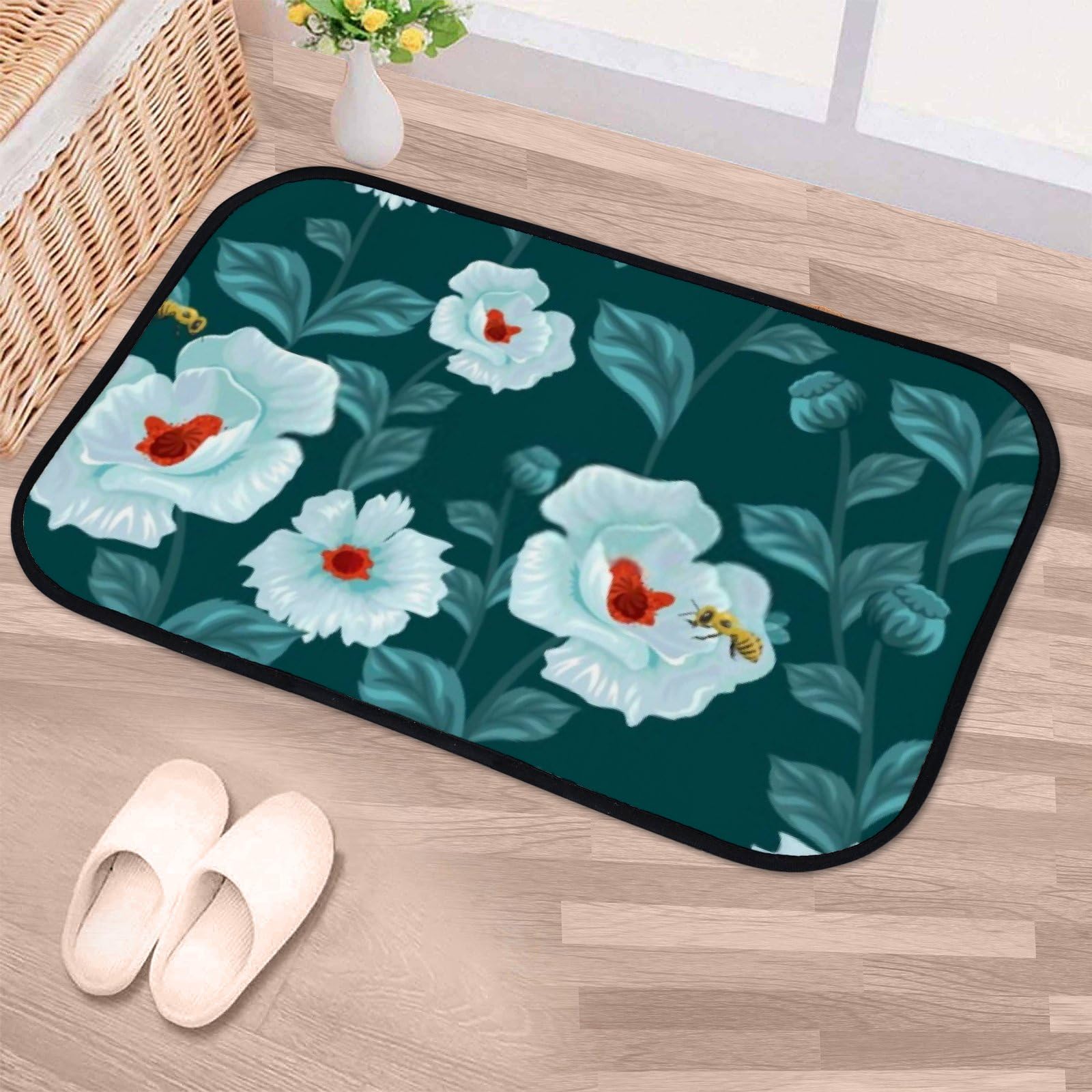 Nuansexi Bathroom Rugs Blue Flowers Pattern Floor Mats Non Slip Bathmat Doormat Tub Mat Coral Velvet Absorbent Entrance Carpet Mats Machine Washable Bedroom Decor