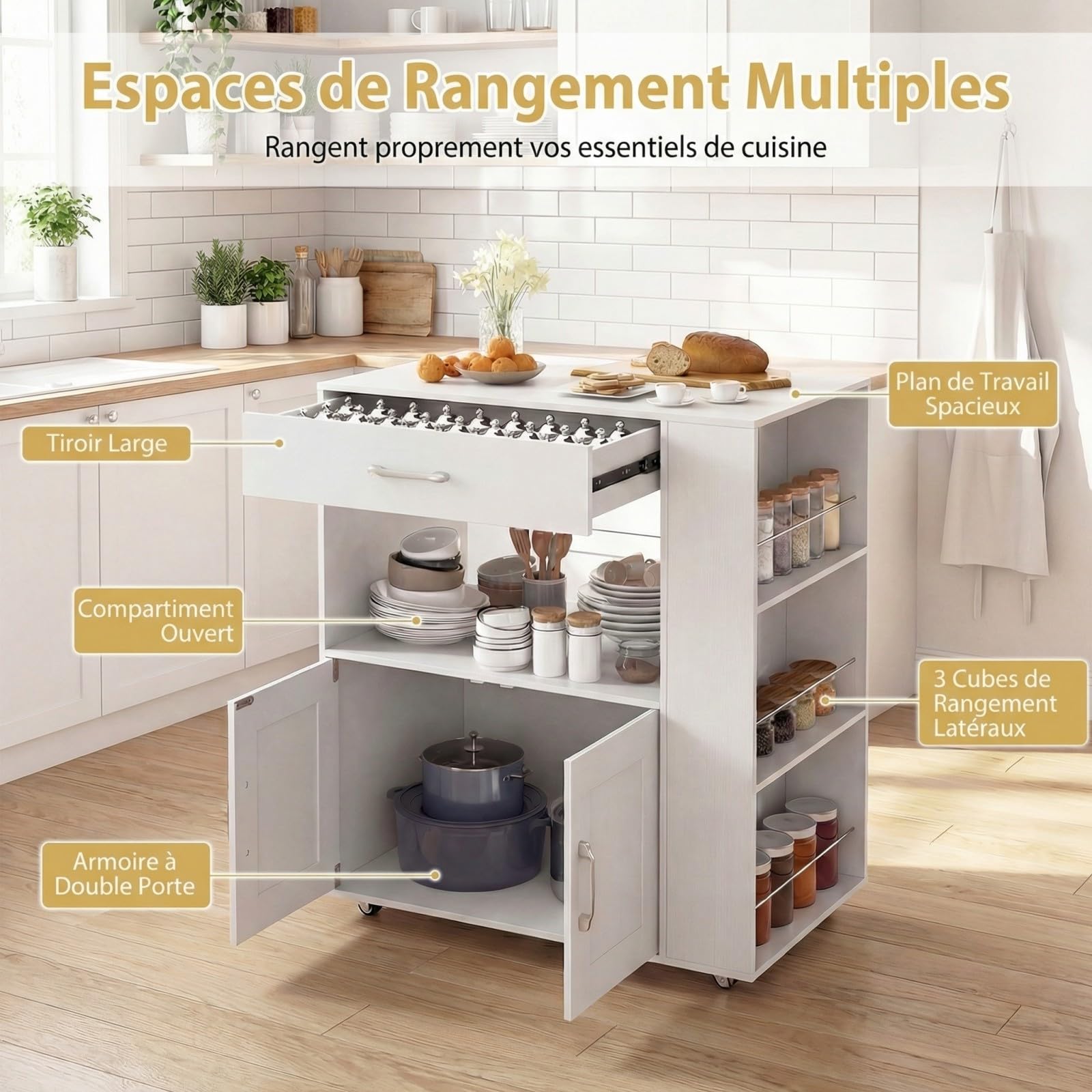 COSTWAY Desserte de Cuisine sur roulettes (2 Verrouillables), îlot de Cuisine avec 3 Support à Épices, Chariot de Service Armoire 1 Tiroir Étagère Ouverte, 46 x 75 x 90,5 cm (Blanc Pur)