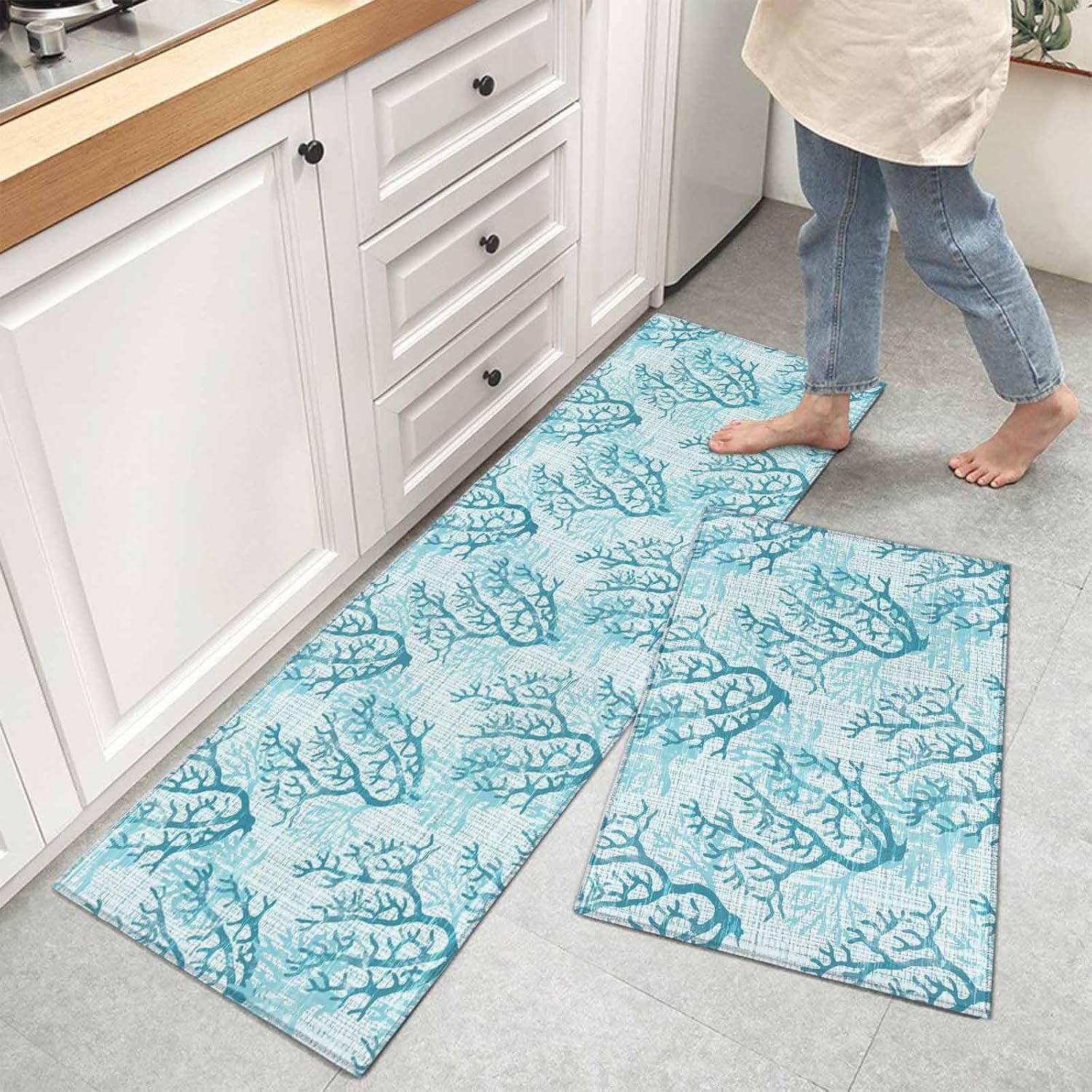 Kitchen Mats for Floor Coastal Teal Coral Seamless Washable Non Slip Kitchen Rugs 2PCS, Marine Creature Linen Texture Absorbent Standing Mats for Sink Office Living Room 15.7x23.6in+15.7x47.2in
