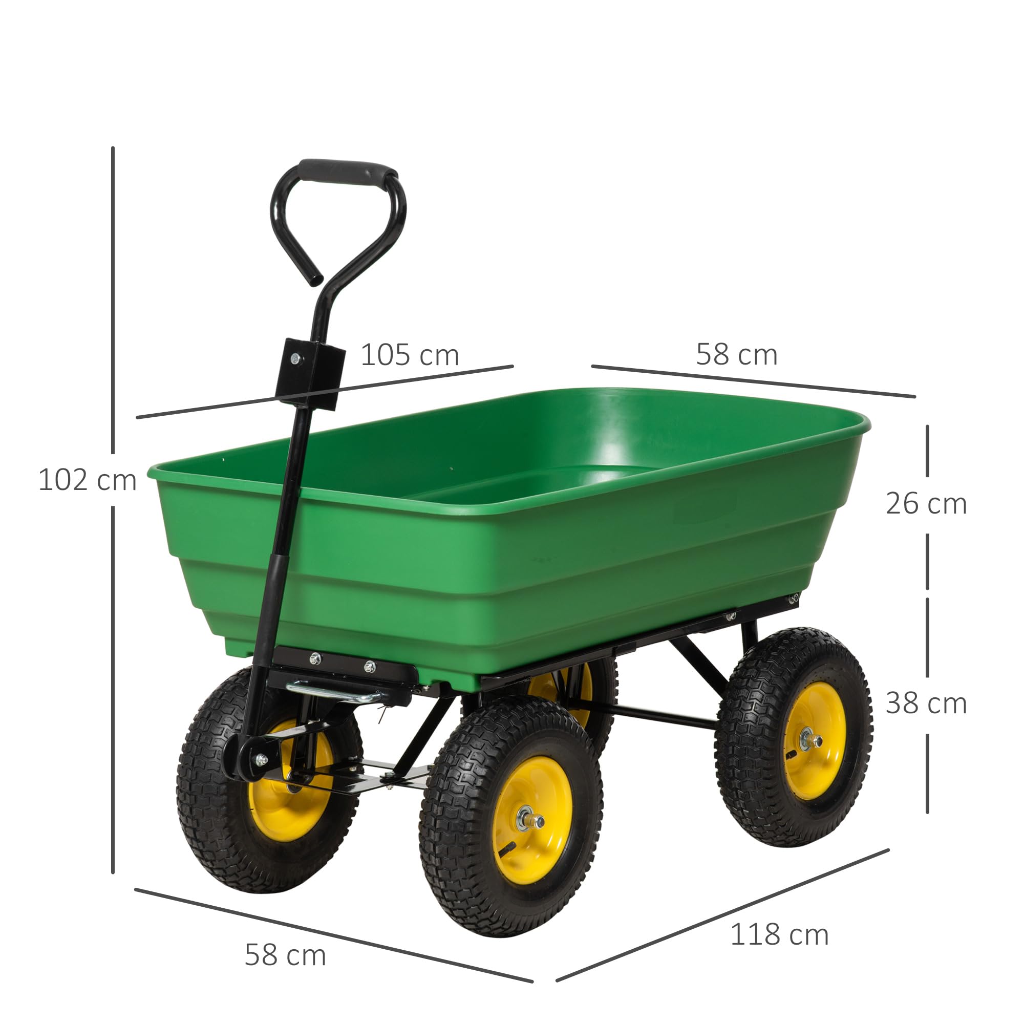 Outsunny Chariot de Jardin à Main Benne basculante 75° 125L Charge Max. 200 Kg 4 Roues pneumatiques Acier PP Jaune Vert