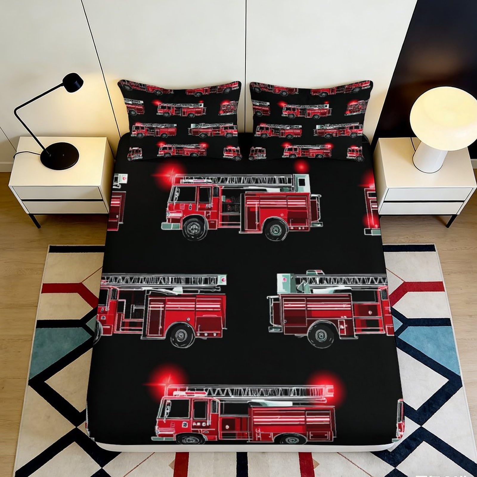 Jqzkxnhpbr Style-5 3D Printed Fire Truck Fitted Sheet Microfiber Black Bed Cover For Bedroom Guest Room Decor Easy Care 90X200x25cm