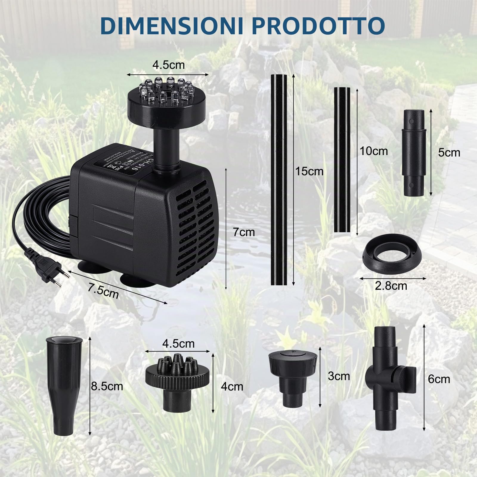 Pompa per Laghetto da Giardino 800L/H 16W, pompa per fontana, piccola con luce, Filtro, 3 Tipi di Ugelli, 1.9m Cavo,pompa per giochi d'acqua, per Laghetto, Giardino