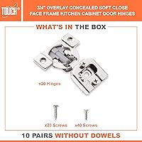 Vista 2 de TOUCH Bisagras compactas para gabinete (10 pares, 20 piezas) de cierre suave, marco frontal de 3/4 pulgadas superposición, bisagra oculta