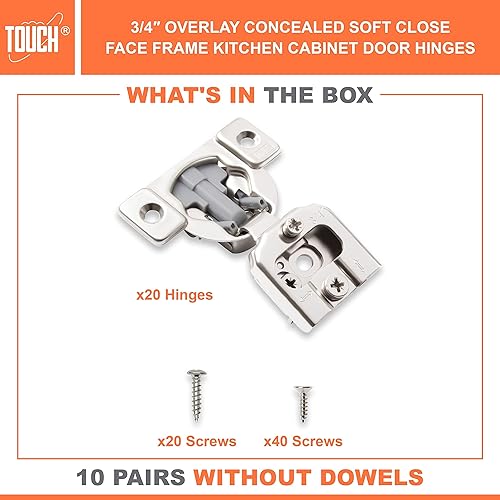 Miniatura 2 de TOUCH Bisagras compactas para gabinete (10 pares, 20 piezas) de cierre suave, marco frontal de 34 pulgadas superposición, bisagra oculta para