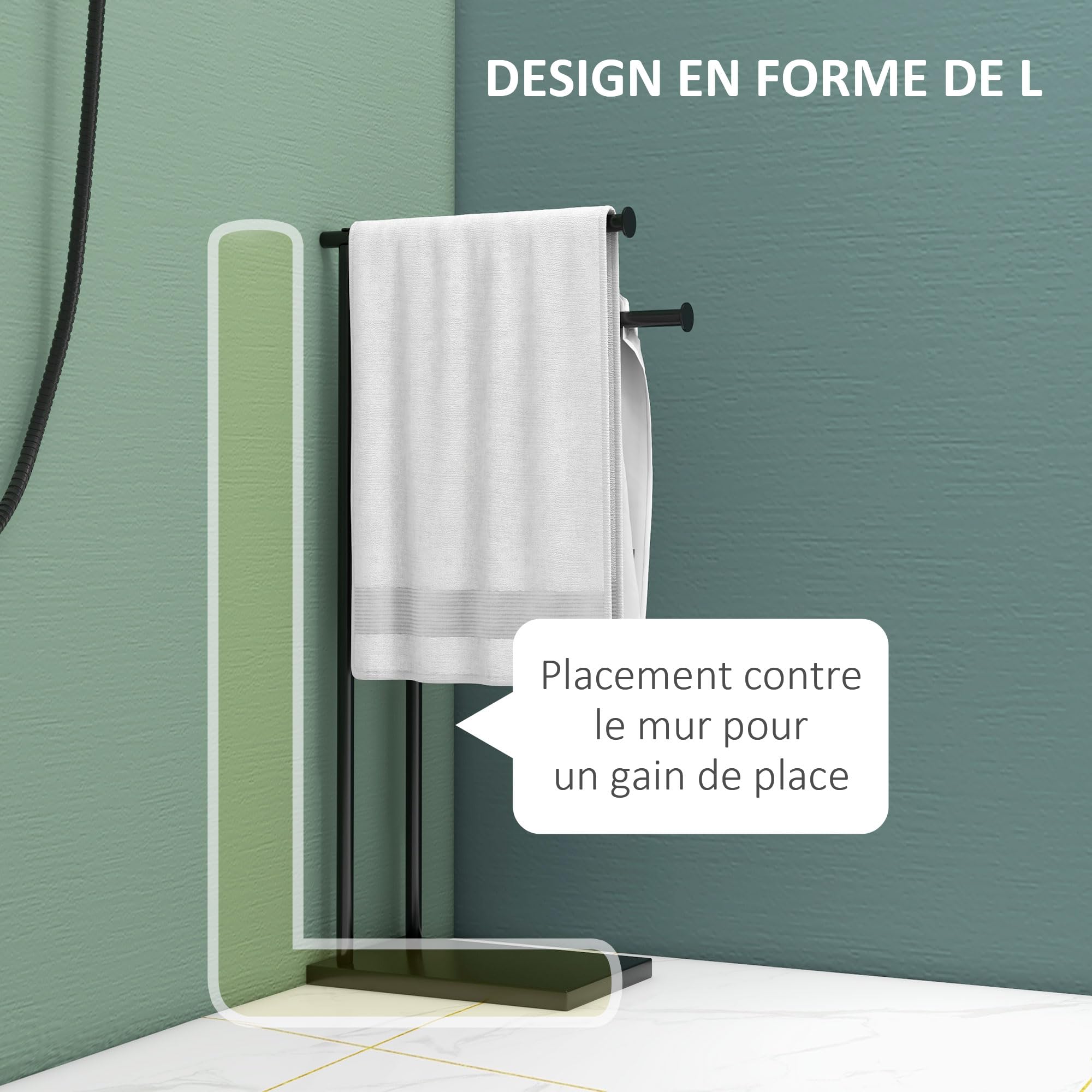 HOMCOM Porte-Serviettes sur Pied en Acier sèche Serviette sur Pieds avec 2 Barres Support pour Serviette 35,5l x 20P x 78H cm - Noir