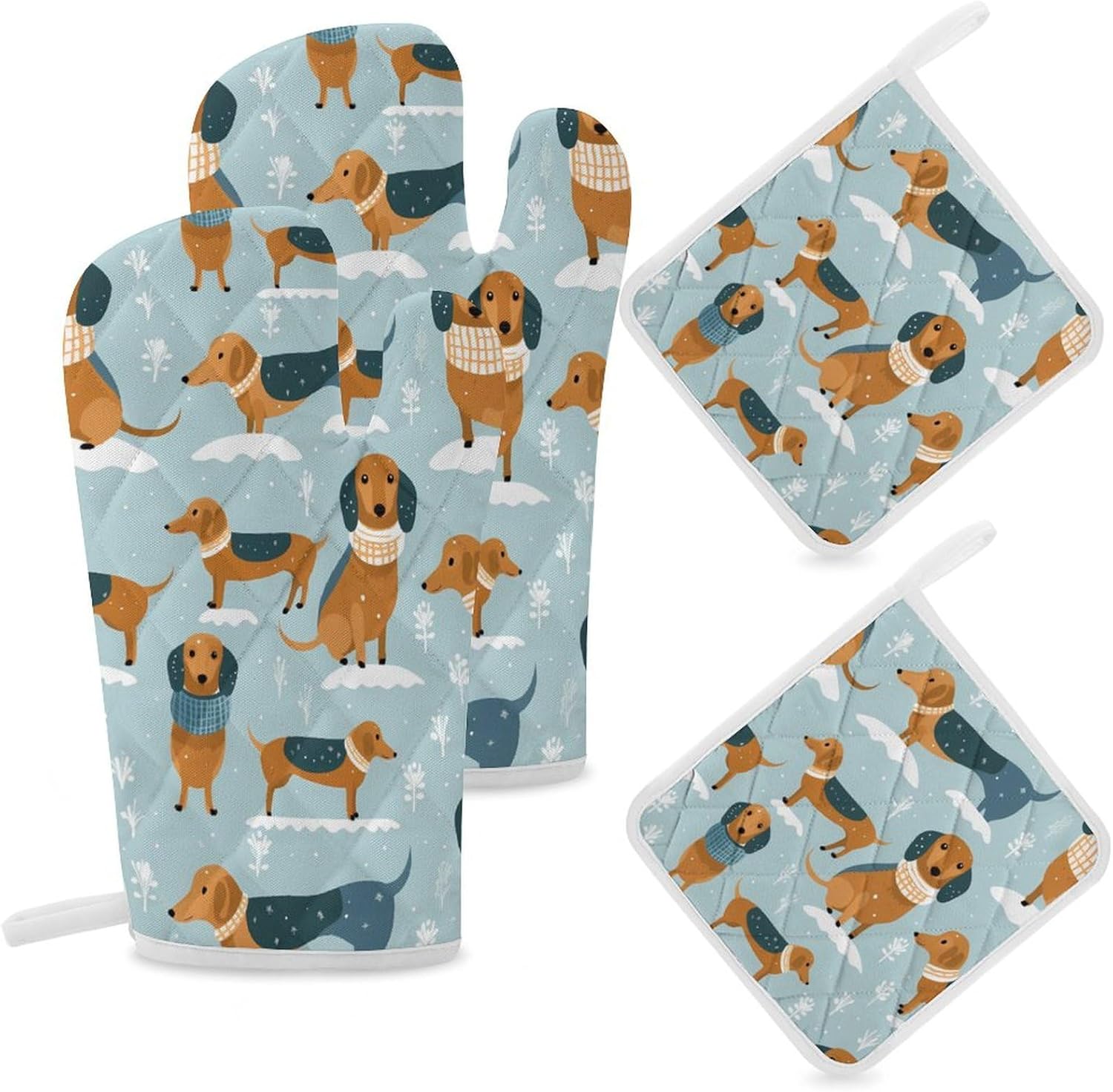 Cute Dachshunds 4 Pcs Oven Mitts and Pot Holders Set High Heat Resistant Long Kitchen Oven Glove Potholders