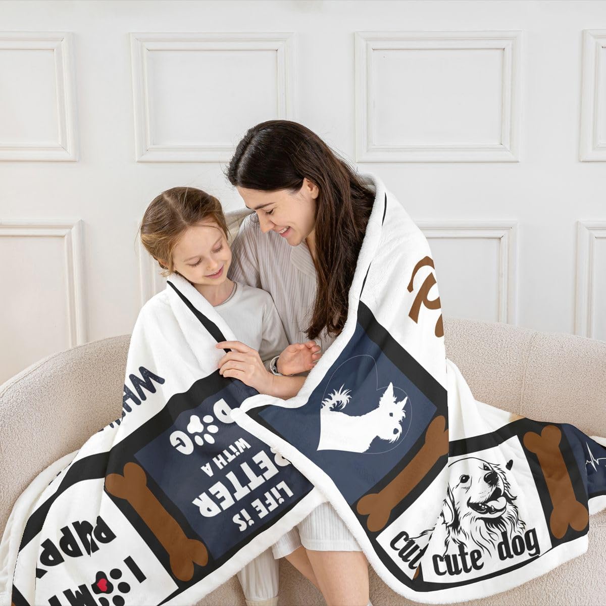 Erosebridal Dog Blanket for Boys Cute Dog Blankets, Lovely Pet Animal Puppy Room Decor for Girls Teens Family, Grids Striped Print Bed Couch Decor Kawaii Dog Paw Print Fuzzy Fleece Throw 50"X60"