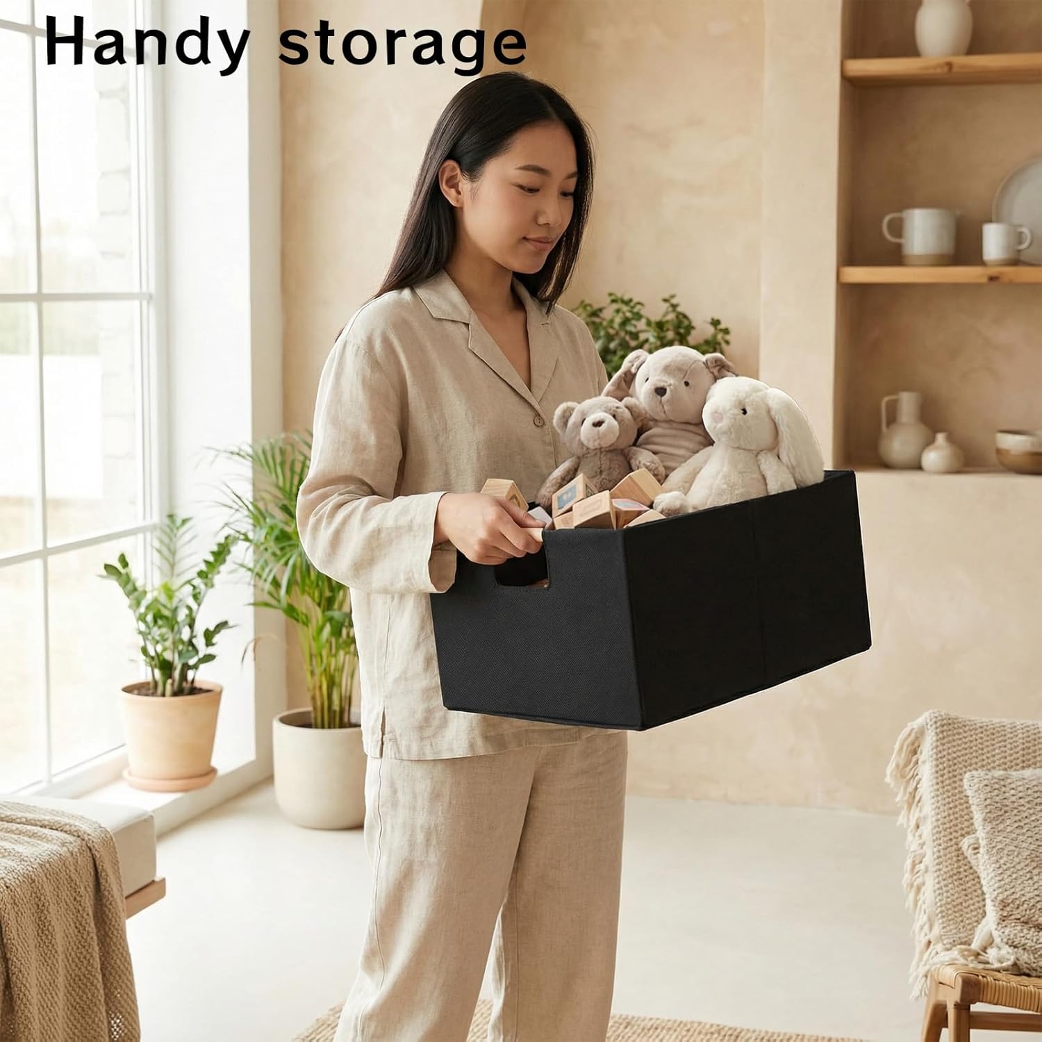 4 Pcs Fabric Storage Bins with Handle Black Collapsible Shelves Storage Basket Rectangle Wardrobe Organizer for Closet Shelves Sorting Toy and Clothes(15 x 10.6 x 6 Inch)