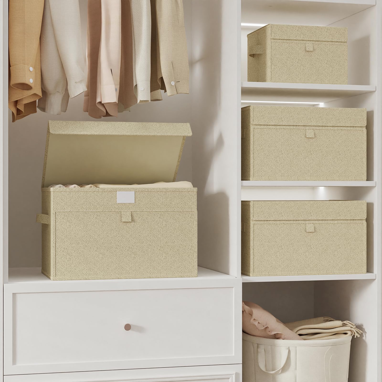 Aufbewahrungsbox mit Vorderdeckel,33x23x20cm,Grau und Beige,4 Stück | Waschbare Aufbewahrungskörbe,Stoffbehälter aus Leinen,Faltbare Klappbox mit Griff,Aufbewahrungsbehälter mit PP Stützplatte