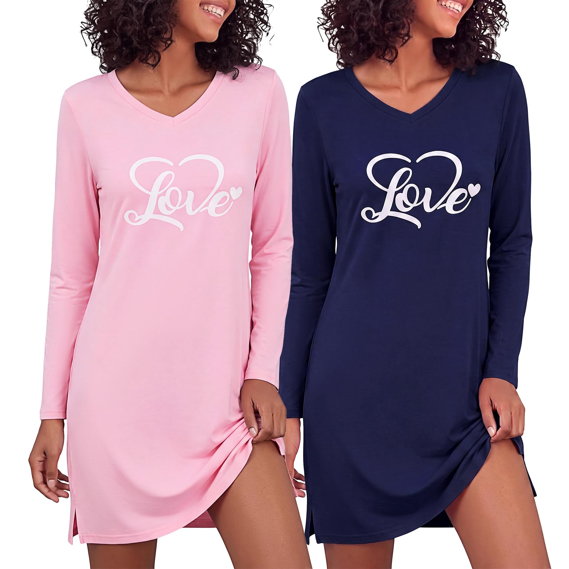 Bresdk 2er Pack Nachthemd Damen Langarm Love Schriftzug Schlafshirt S-3XL | Schlafshirt damen, Loungewear kleidung, lässiges kleid, v-ausschnitt, herzgrafik, lockere passform, bequeme nachtwäsche