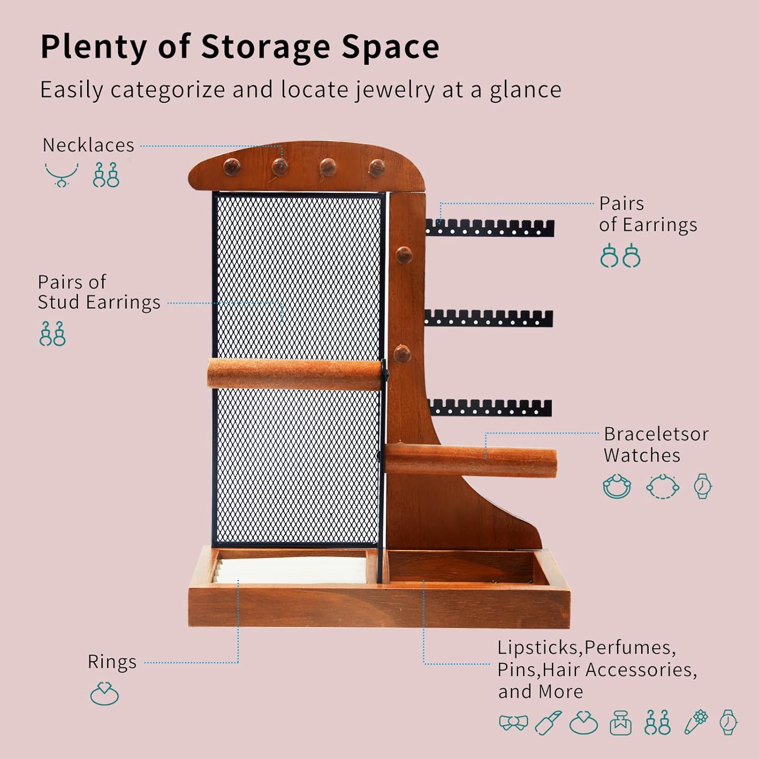 Jewelry Holder, Jewelry Organizer, Jewelry Display Stand with Wood Frame and Velvet Tray, Necklace Earring Bracelet Holder, for Studs, Rings, Watches, Bangles