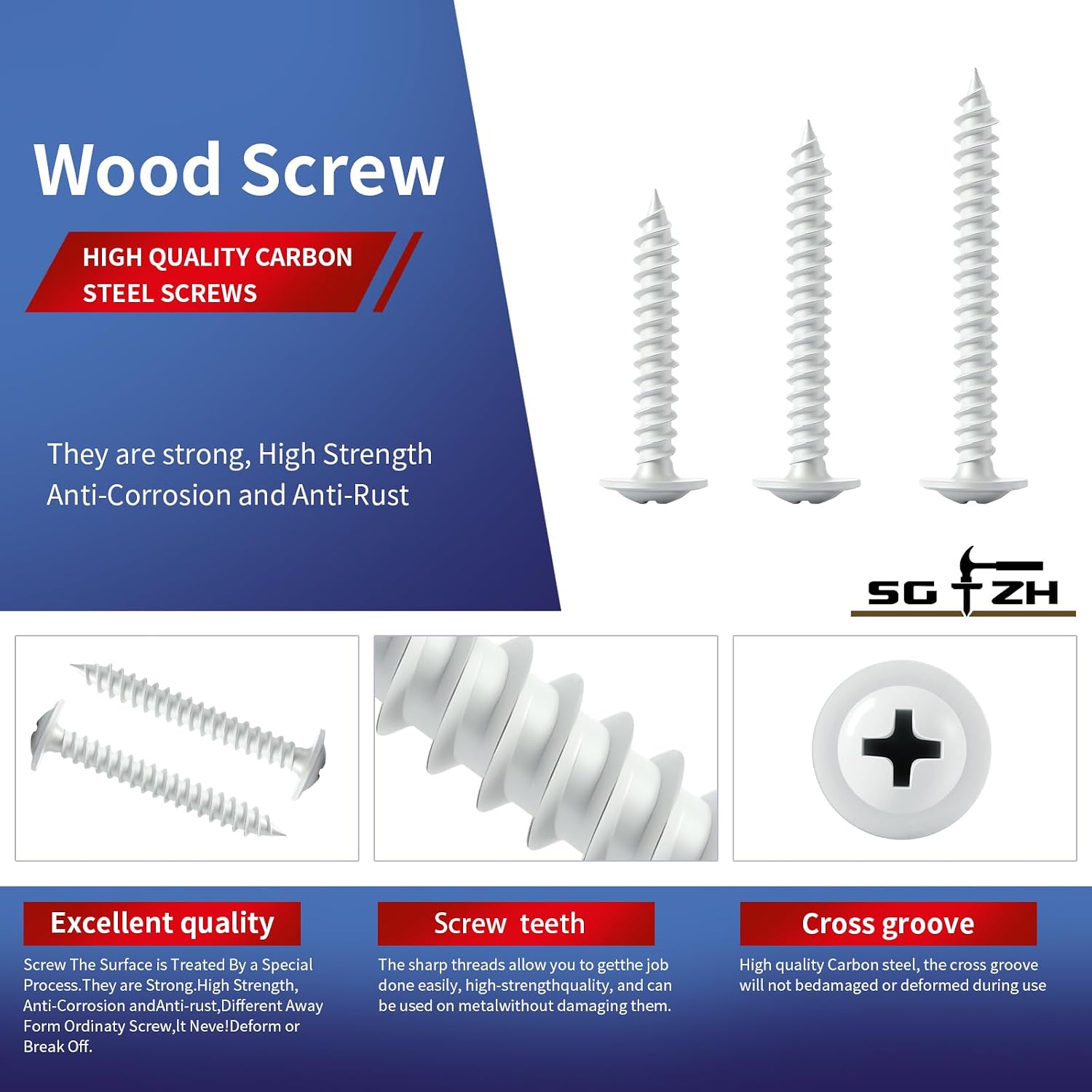 #8 x 1 Inch Wood Screw 175Pcs White Alloy Steel Standard Thread Phillips Truss Head Fast Self Tapping