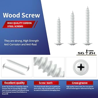 #8 x 1 Inch Wood Screw 175Pcs White Alloy Steel Standard Thread Phillips Truss Head Fast Self Tapping