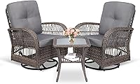 Vista 1 de MEETWARM Juego de 3 piezas de mimbre giratorio para patio al aire libre, mecedoras, juegos de muebles de patio de ratán con cojín grueso y mesa