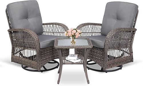 MEETWARM Juego de 3 piezas de mimbre giratorio para patio al aire libre, mecedoras, juegos de muebles de patio de ratán con cojín grueso y mesa de