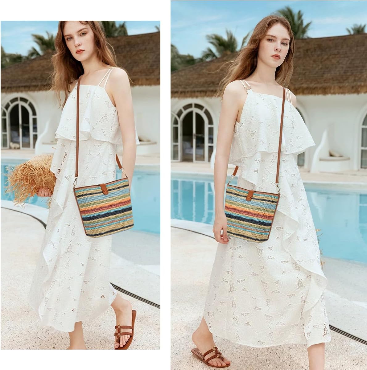 ALARION Straw Crossbody Bags for Women Summer Woven Beach Bag Raffia Shoulder Bag Leather Straps Straw Clutch Purse Vacation - Image 3