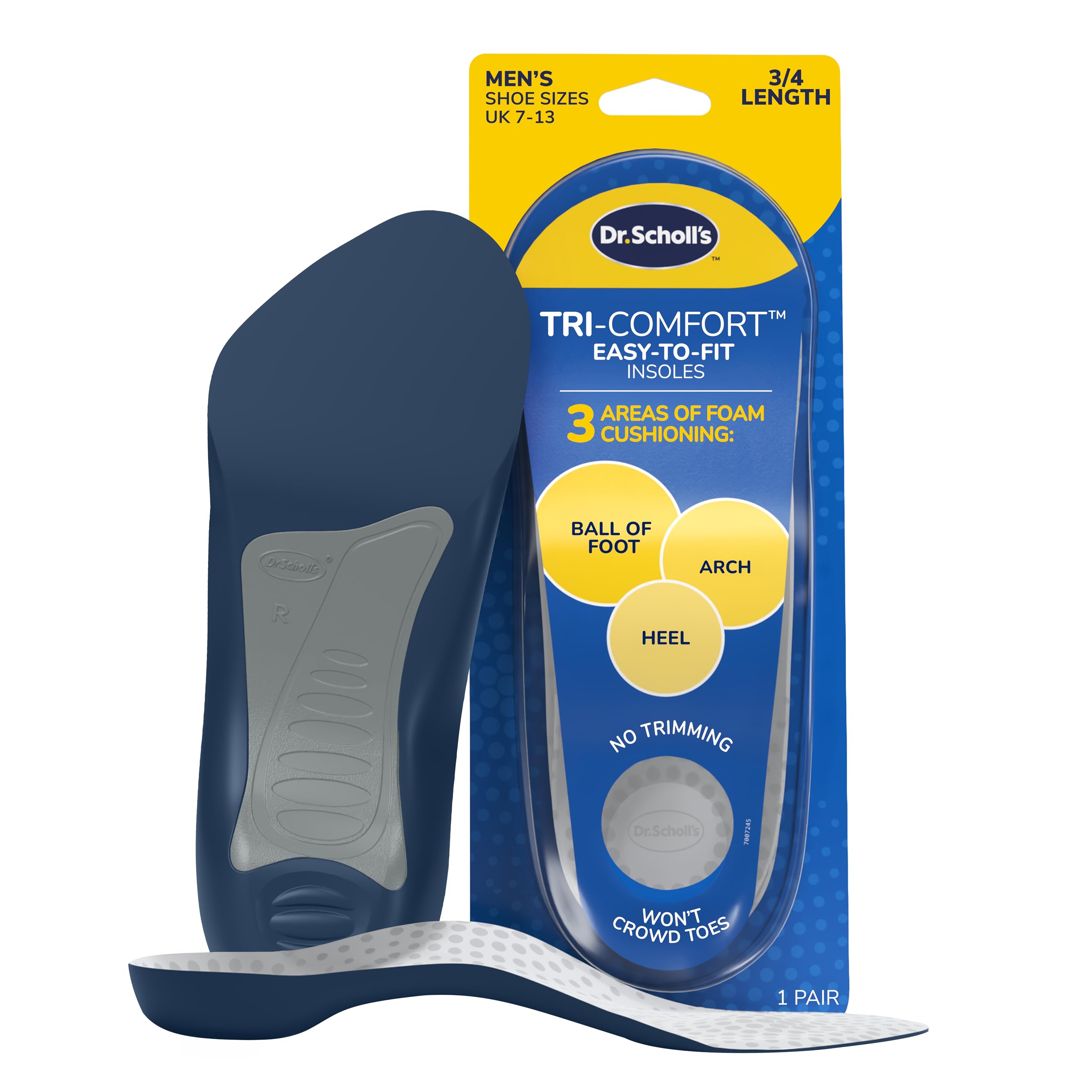 Dr. Scholl's Tri-Comfort 3/4 Length Insoles for Men, All-Day Comfort for Ball of Foot, Arch & Heel, Shoe Inserts with Flexispring Arch Support & Soft Foam Cushioning, No Trimming Required, Size 7-13