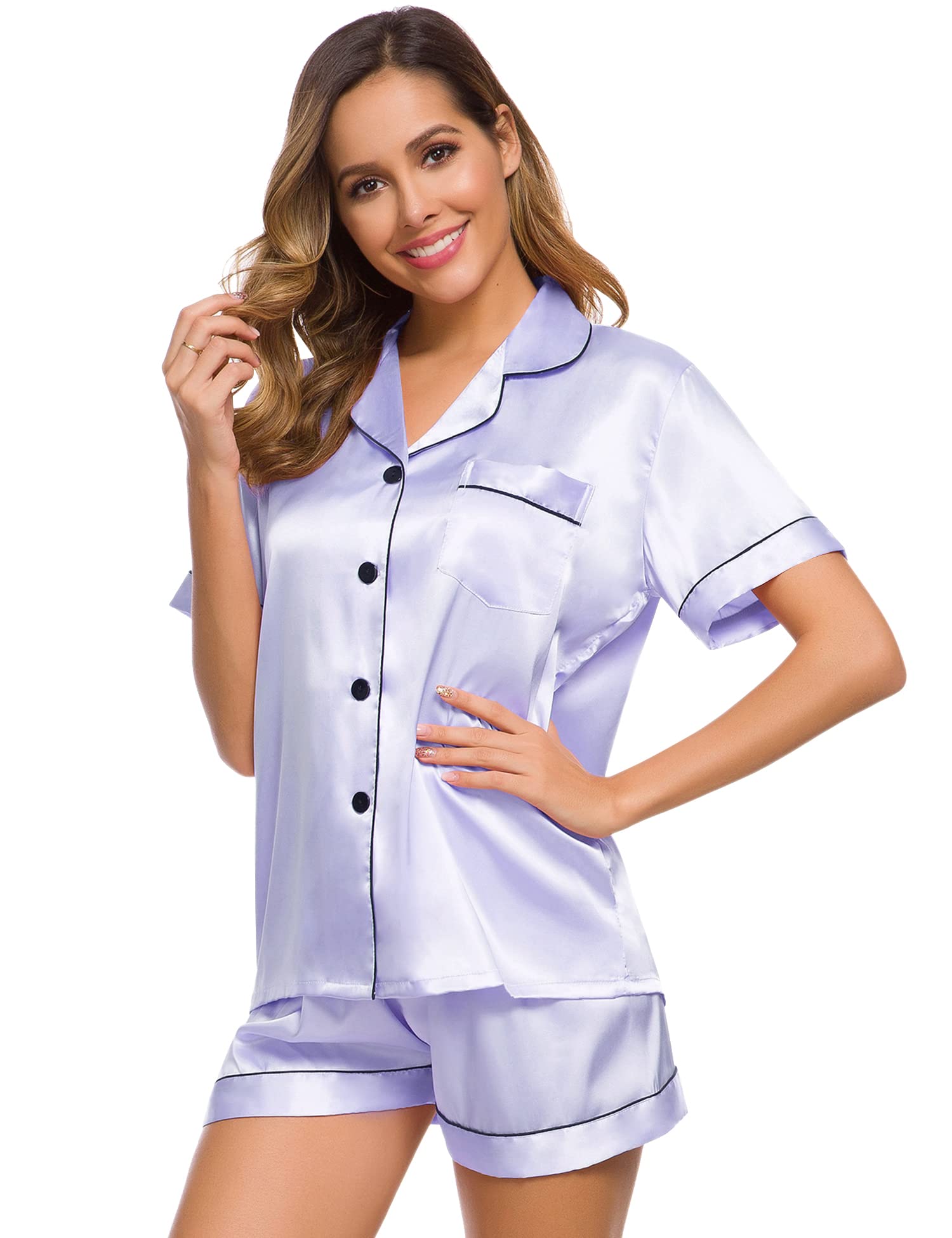 SWOMOG Womens Silk Satin Pajamas Set Short Sleeve Sleepwear Button Down Top and Shorts Loungewear 2 Piece Pjs Set XS-3XL