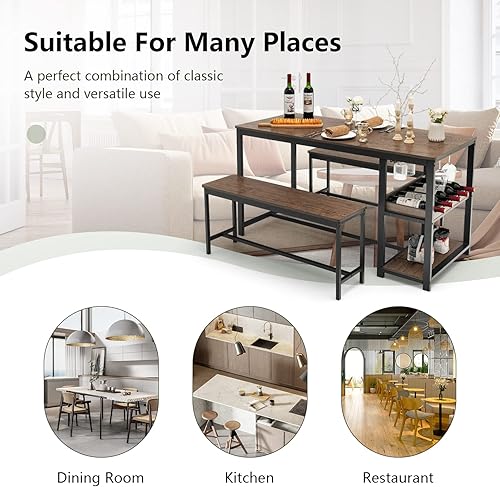 Miniatura 9 de COSTWAY Juego de mesa de comedor de 3 piezas para 4, mesa de comedor rústica con 2 bancos, 2 estantes de almacenamiento y soporte de vidrio, juego