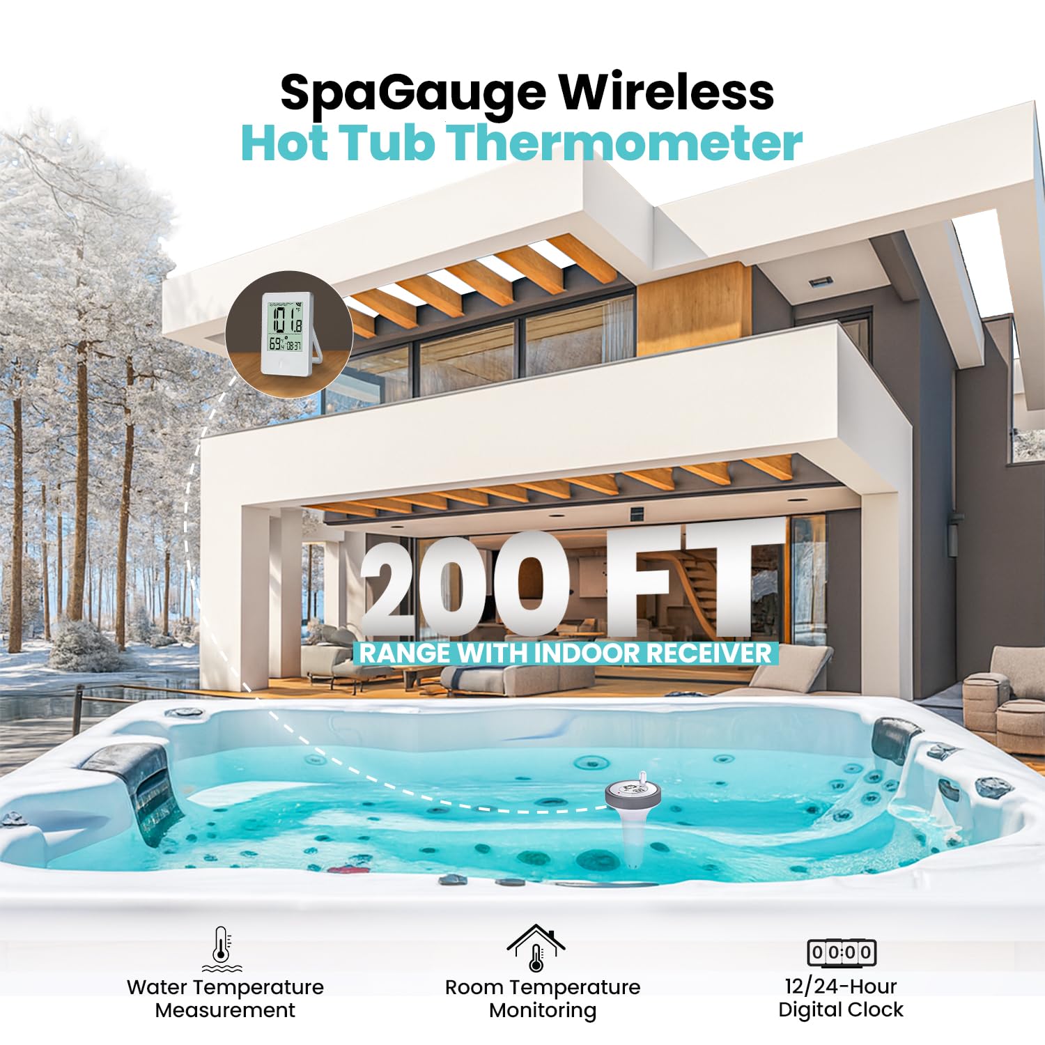 Pure55 SpaGauge - Termómetro inalámbrico para bañera de hidromasaje con baterías, termómetro impermeable IPX7 para piscina, flotante, medidor de temperatura digital fácil de leer con pantalla interior