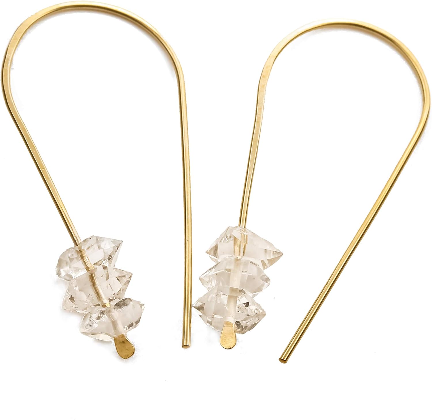 Herkimer Diamond Small Drop Pull Through Earrings in Gold, Silver, and Rose Gold, Simple Open Dangle Earrings with Herkimer Diamond Crystals, Petite 1" Open Hoops