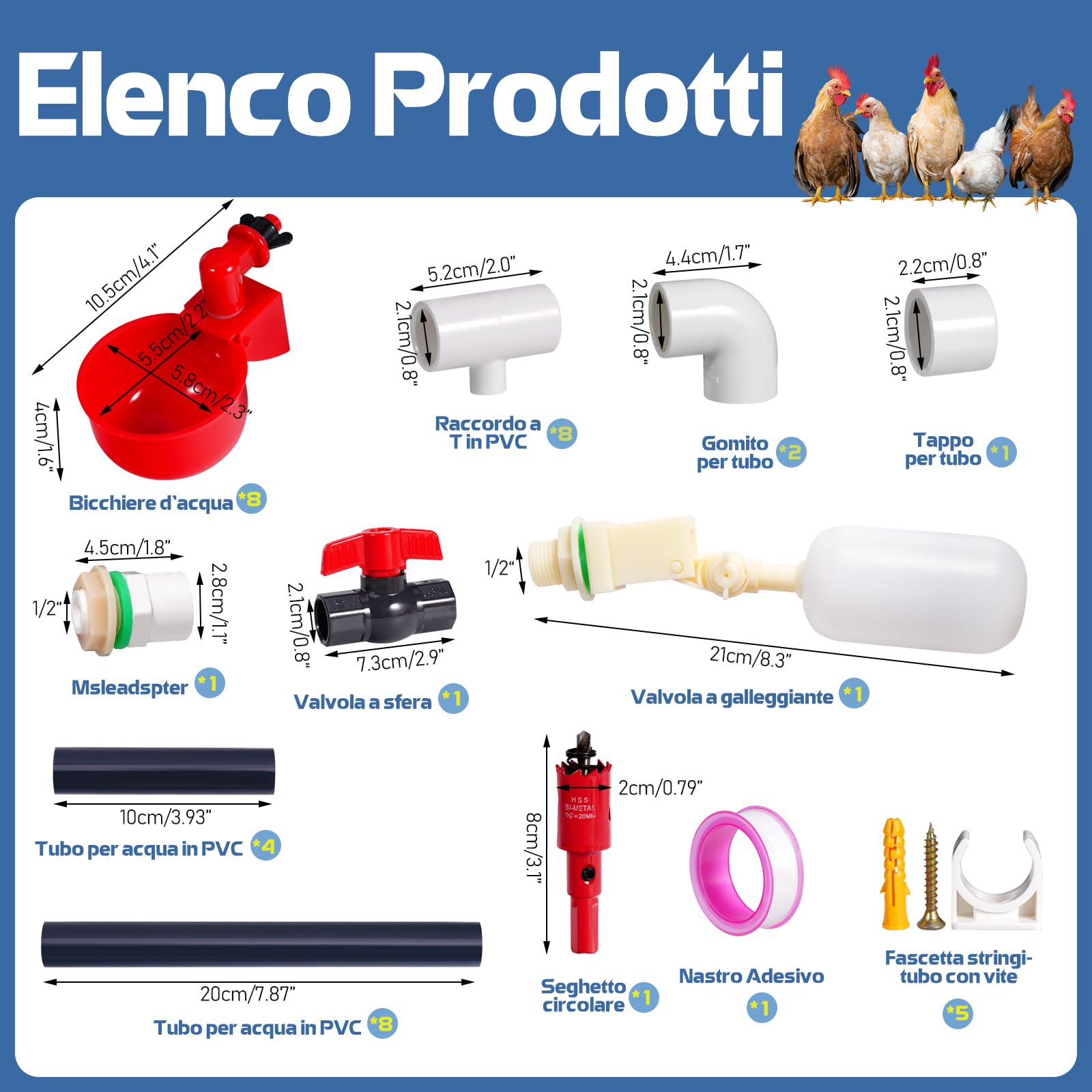 Bicchiere Automatico per Pollo, Tazza per Abbeveratoio per Polli, in PVC, con Tubo in PVC, Regolatore di Pressione per Pollame