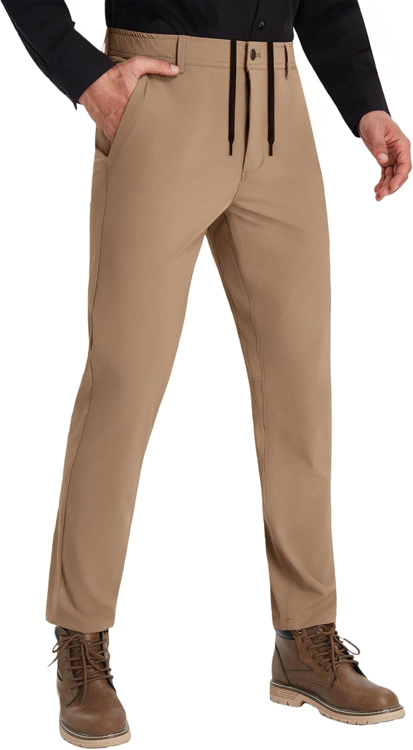 PULI Men's Casual Pants with Drawstring Elastic Waist Water Resistant Quick Dry Lightweight Zipper Pocket Outdoor Hiking 30''