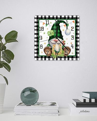 Miniatura 3 de St. Patrick's Day Wooden Wall Clock Silent Non Ticking, Green Clover Gnomes Black White Plaid Square Wall Clock Battery Operated, Decor Clock for