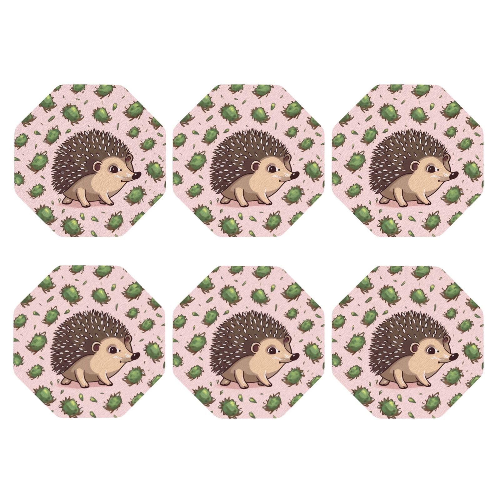 6pcs Leather Coasters for Drinks, Cartoon Hedgehog Drink Coasters for Tabletop Protection, 4" Cup Coasters for Coffee Table Decor, Non-Slip Drinking Cup Mat for Hot Or Cold Drink