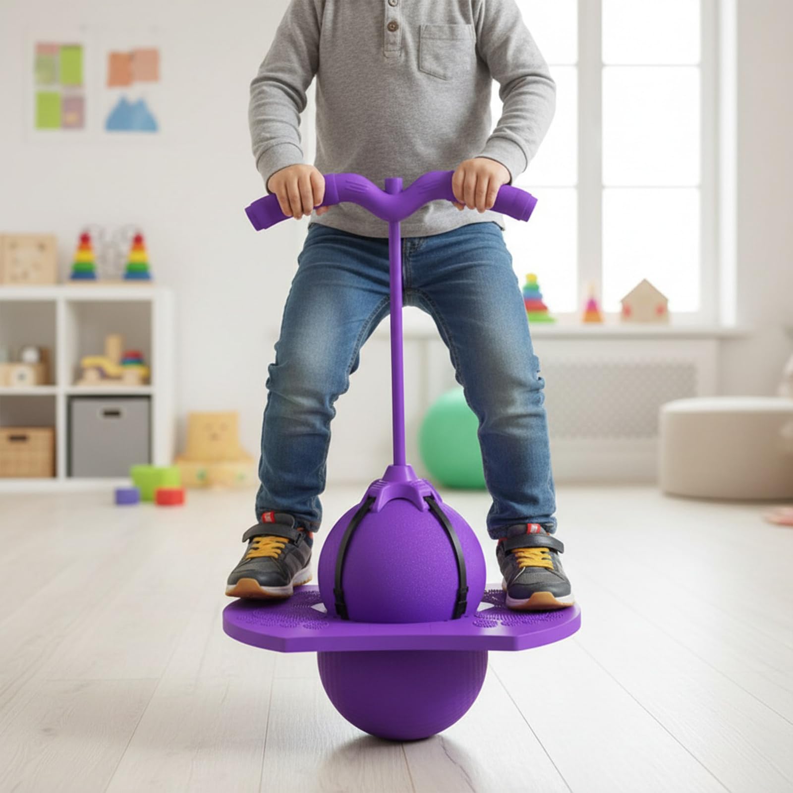Palla rimbalzante per bambini: palla rimbalzante con pompa a bastone, tavola alta con presa forte, esercizio per l'equilibrio dei bambini, divertimento all'aperto per ragazzi e ragazze.