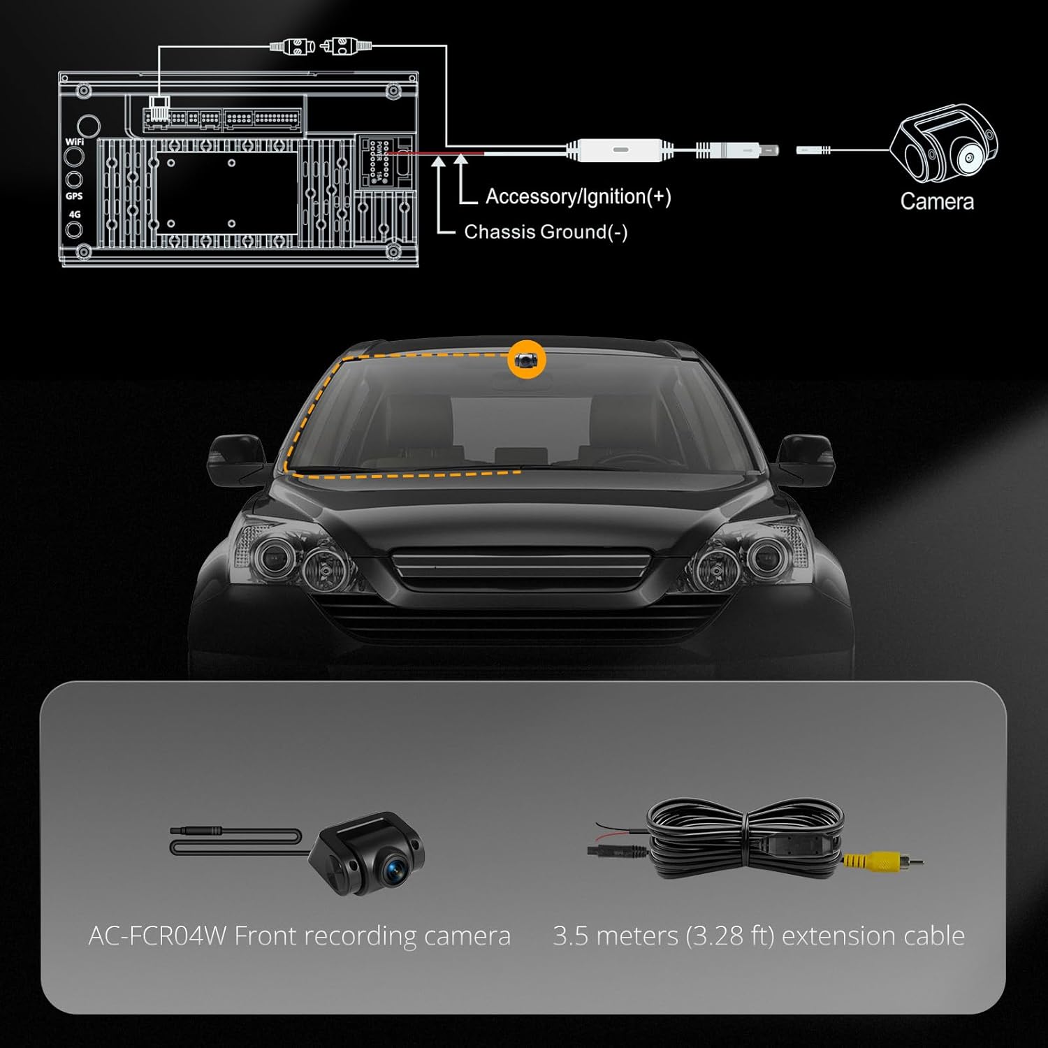 Diagram showing the connection of the AC-FCR04W front recording camera and its 3.5 meter extension cable to an ATOTO head unit, with power connections for Accessory/Ignition (+) and Chassis Ground (-).