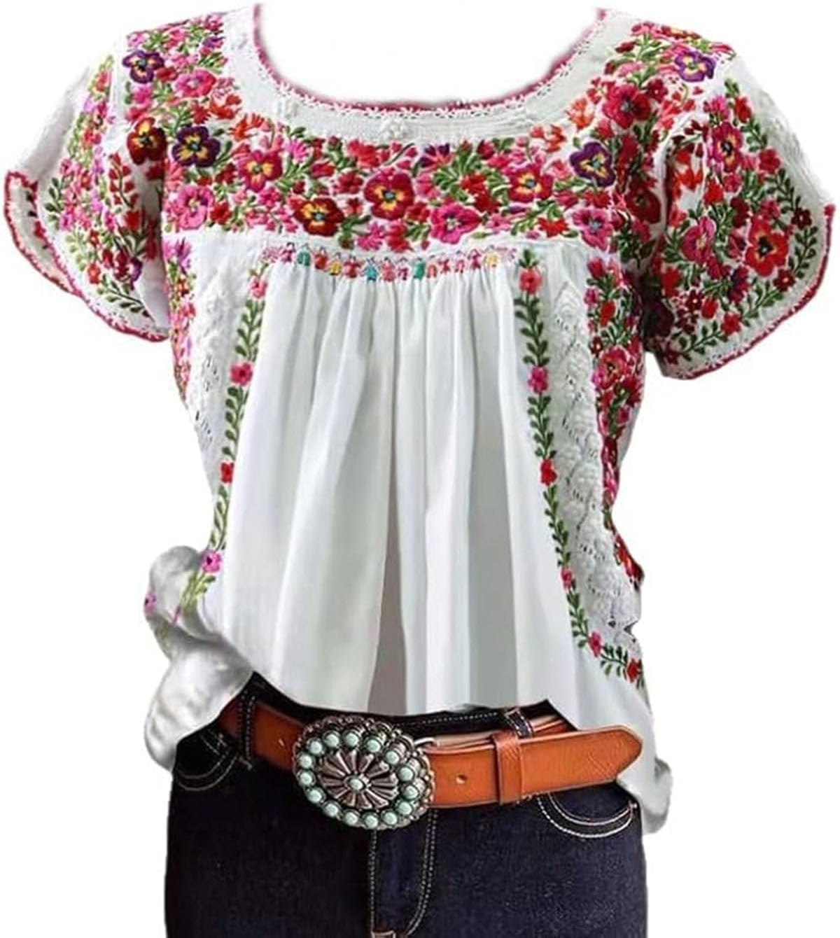 Women's Mexican Floral Embroidered Tops Summer Short Sleeve Pleated Peasant Blouses Casual Loose Crew Neck Shirt