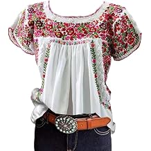 Pinclodly Womens Mexican Floral Embroidered Tops Summer Short Sleeve Pleated Peasant Blouses Casual Loose Crew Neck Shirt