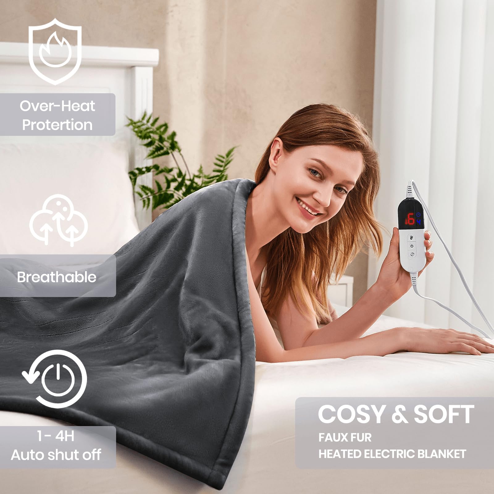 BENFOX Premium Heated Blanket 50"×60" - Super Soft Electric Throw Blanket with 6 Heating Levels, Fast Heating Flannel Blanket for Couch & Bed - Auto Shut-Off - Machine Washable (Grey)