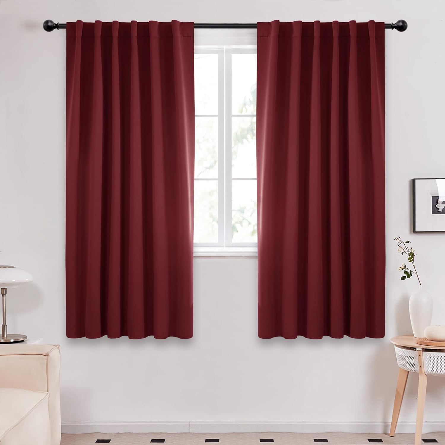 Deconovo Rod Pocket and Back Tab Curtains Solid Thermal Insulated Blackout Curtains for Bedroom 52Wx63L Inch Burgundy Red 2 Panels