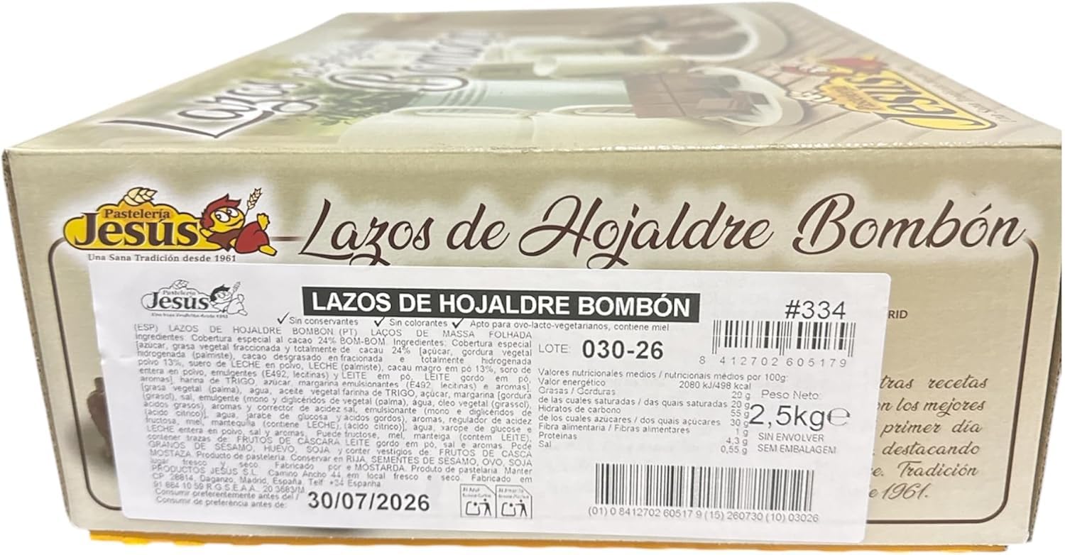 Lazos de Hojaldre con Chocolate y Miel, Cobertura al Cacao 24% – Pack 50 Uds (2,5 kg) – Sin Conservantes ni Colorantes – Bollería para Desayuno y Merienda
