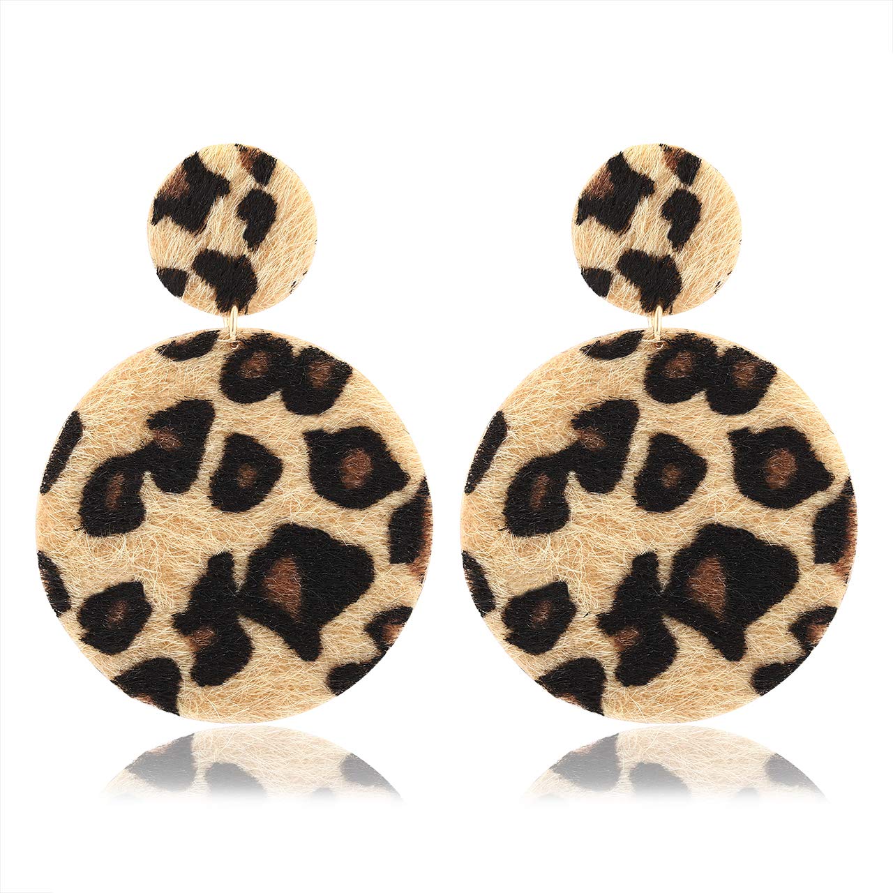 Leather Earring Leopard Print Fur Drop Dangle Earring for Women Double Round Circle Metal Drop Dangle Earring (brown)