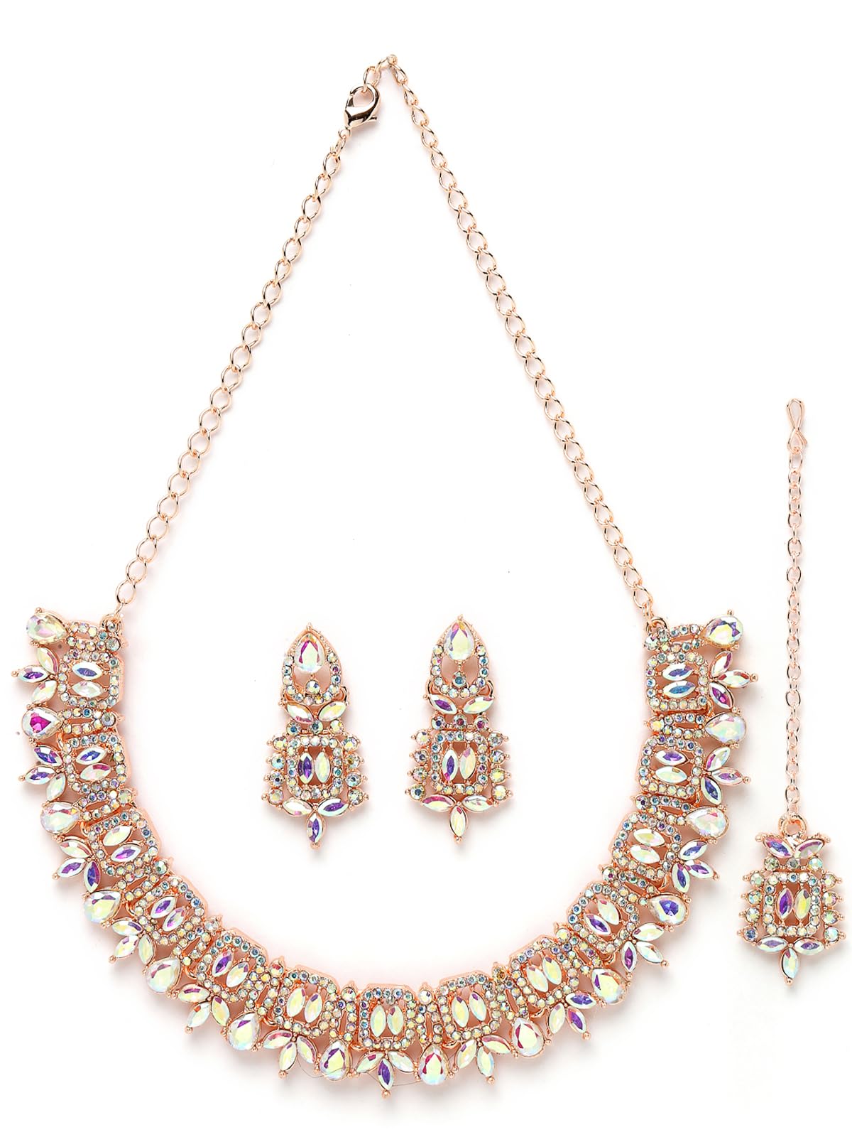 Sukkhi Versatile Rose Gold Plated Rainbow Stone Collar Bone Necklace Set With Earring And Maangtika | Jewellery Set For Women (NS105696) (B0CBB7QVJY) Amazon Price History, Amazon Price Tracker