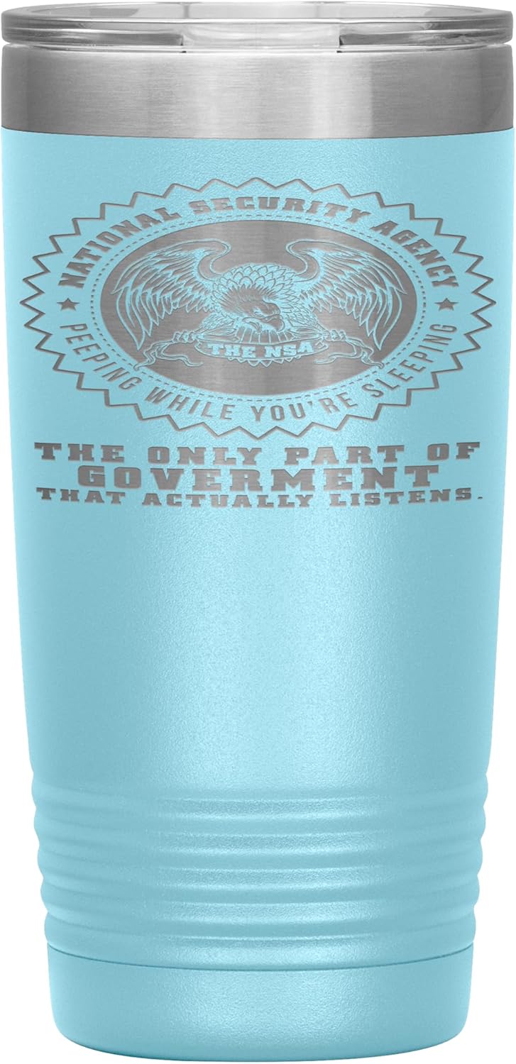 ODDITEES Funny NSA Tumbler Peeping While Youre Sleeping Laser Etched 20oz Stainless Steel Tumbler (Light Blue)