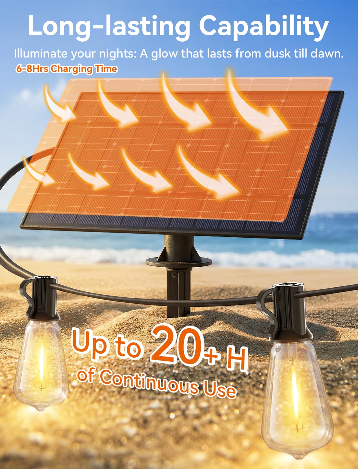 Brightever Solar-Lichterkette für den Außenbereich, wasserdicht, mit Fernbedienung, 55 + 2 bruchsichere ST38-LED-Leuchtmittel, dimmbar & 3 Beleuchtungsmodi, warmweiß, Solar-Terrassenleuchten für