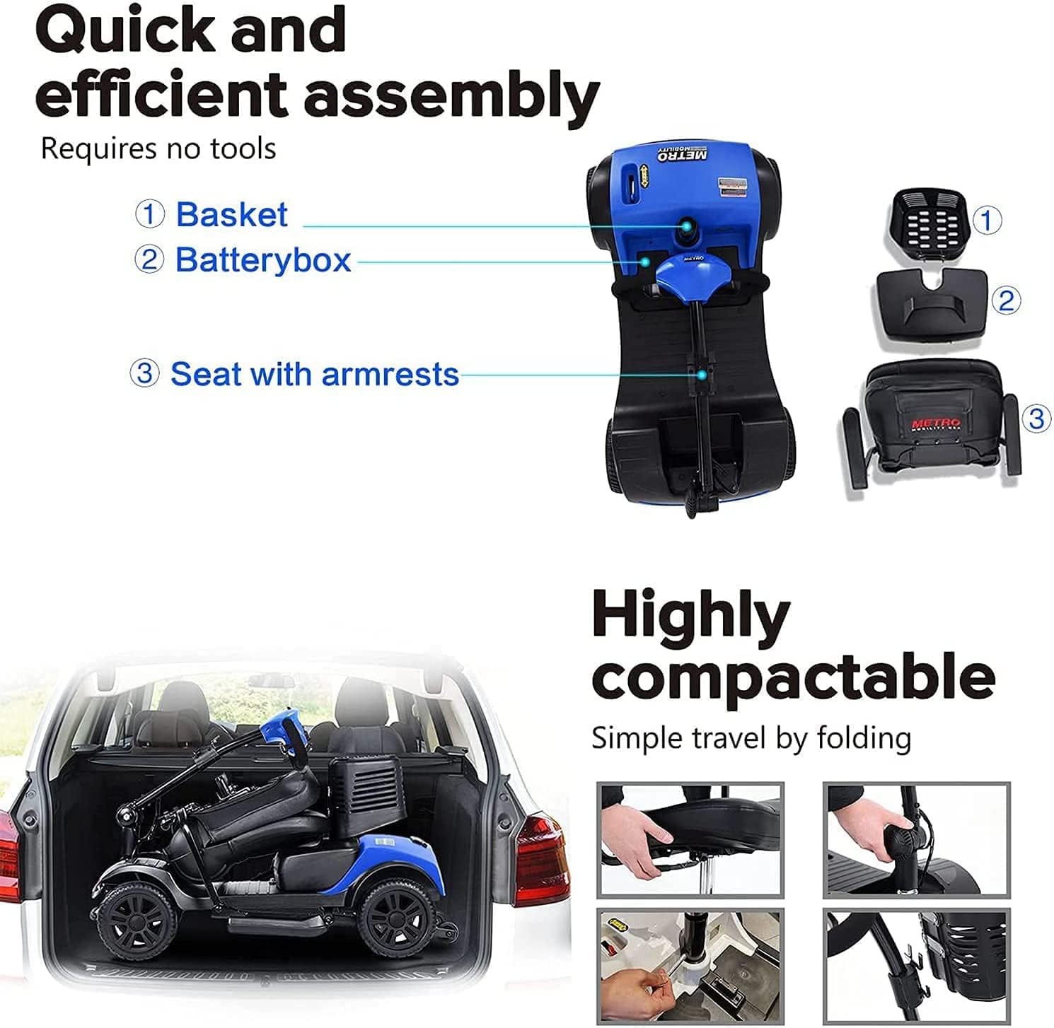 4 Wheel Mobility Scooter, Electric Powered Wheelchair Device, Compact Heavy Duty Mobile with Basket for Gravida, Foldable in Boot Trunk for Traveling with Seniors : Health & Household