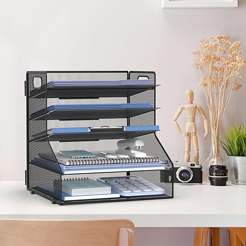 Miniatura 7 de Supeasy Organizador de escritorio de 5 niveles con asa, organizador de papel de mallaarchivos para escritorio, organizador de bandeja de papel para