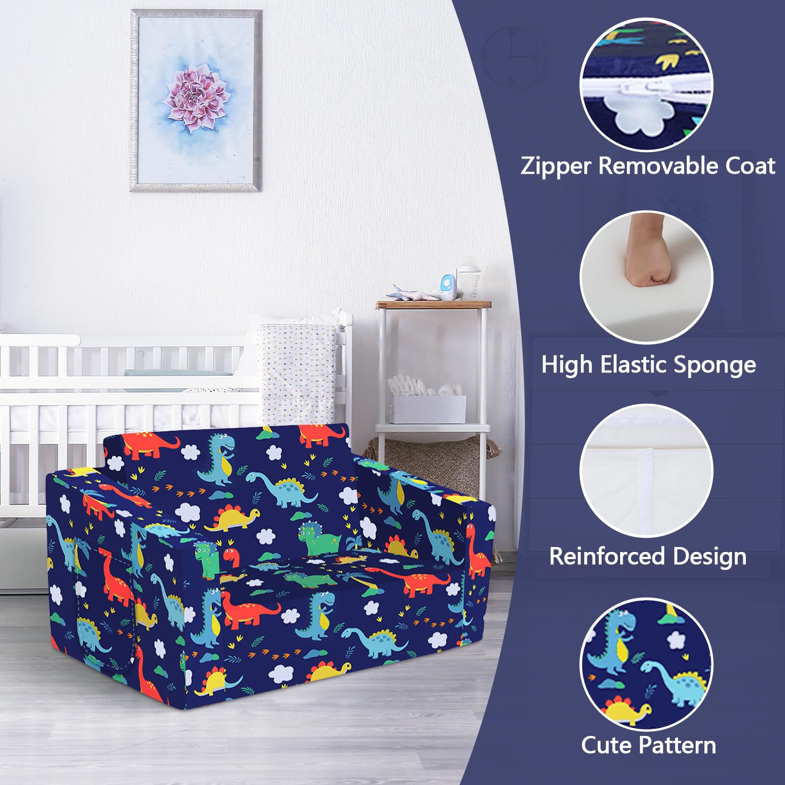 Canapé Pliant pour Enfants Canapé-Lit Convertible 2 en 1, Canapé-Lit pour Bébés Stable Confortable avec Pochette en Tissu, Canapé Chaise Léger pour Chambre à Coucher Salle de Jeux, Dinosaures