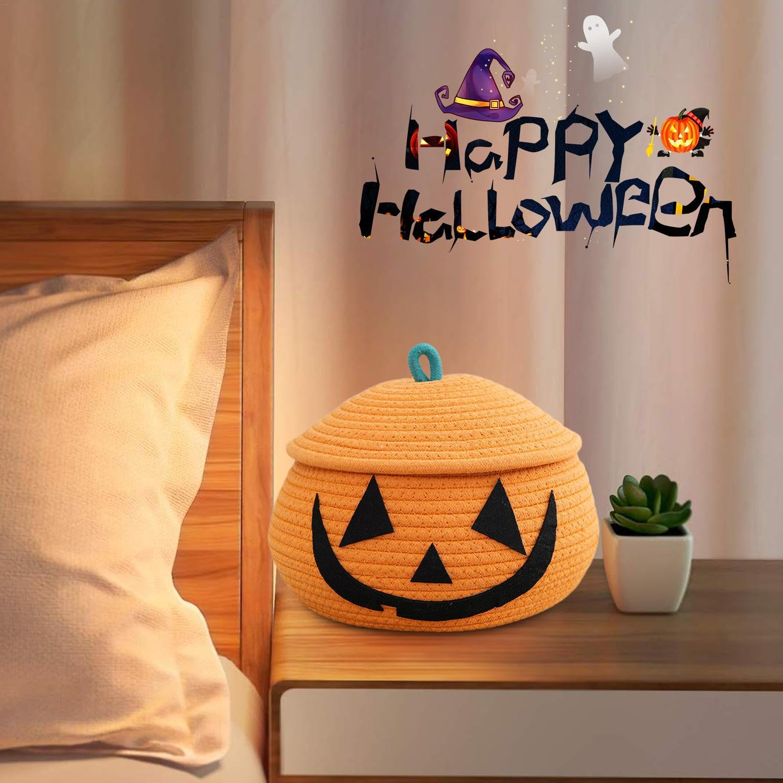 Panier De Rangement Tissé Halloween - Forme De Citrouille Avec Couvercle - Déco Et Organisateur Saisonnier
