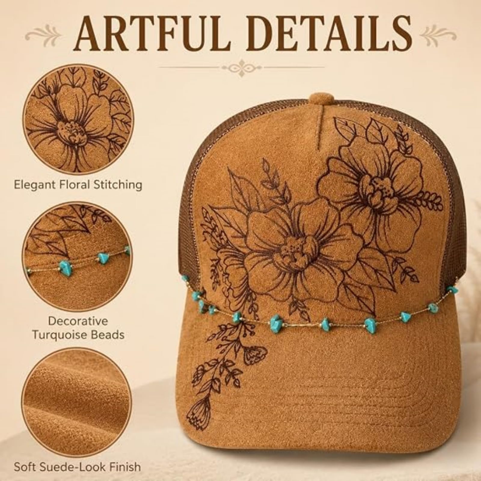 Generico Cappello da Camionista in Pelle Scamosciata bruciata con Applicazioni Floreali, Catena con Delicate Pietre turchesi, Retro in Rete Regolabile, Stile Western Boho Cowgirl.