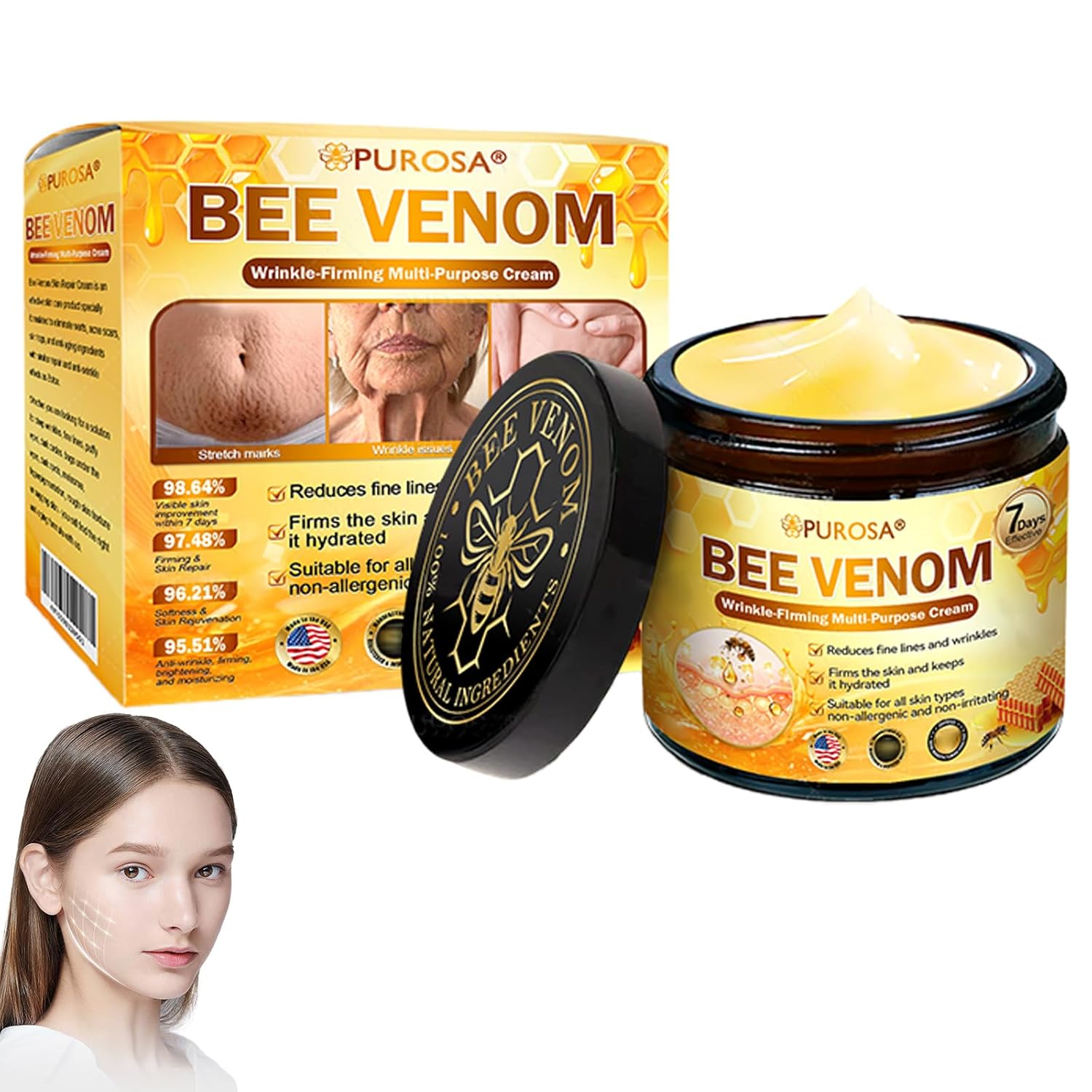 PUROSA Bee Venom Wrinkle Firming Multi-Purpose Cream, Professional Bee Venom Skin Treatment Cream, Bee Venom Skin Restoration Cream-50g, Natural Ingredients Suitable for All Skin Types (4 Bottle)
