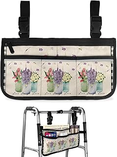 Spring Floral Live Laungh Love Wheelchair Side Bag Walker Bag, Vintage Tulip Black Checkered Wheelchair Accessories Armrest Pouch, Organizer Storage Bag for Walkers, Rollators, 7.3'x13'